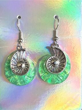 Iridescent Green Nautilus Drop Earrings with Silver Accents Vintage